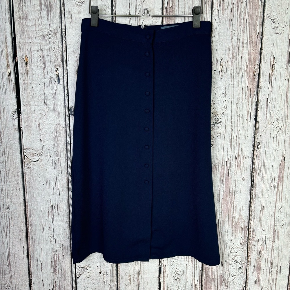 ModCloth Navy Blue Midi Skirt Size 6 Polyester High Waisted Button Front Zipper